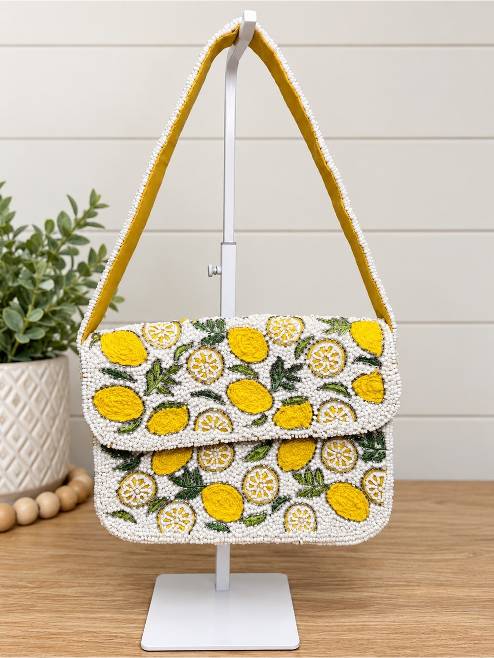 Studio 12 Hand Beaded Lemon Shoulder Bag White Yellow Citrus Purse NWOT